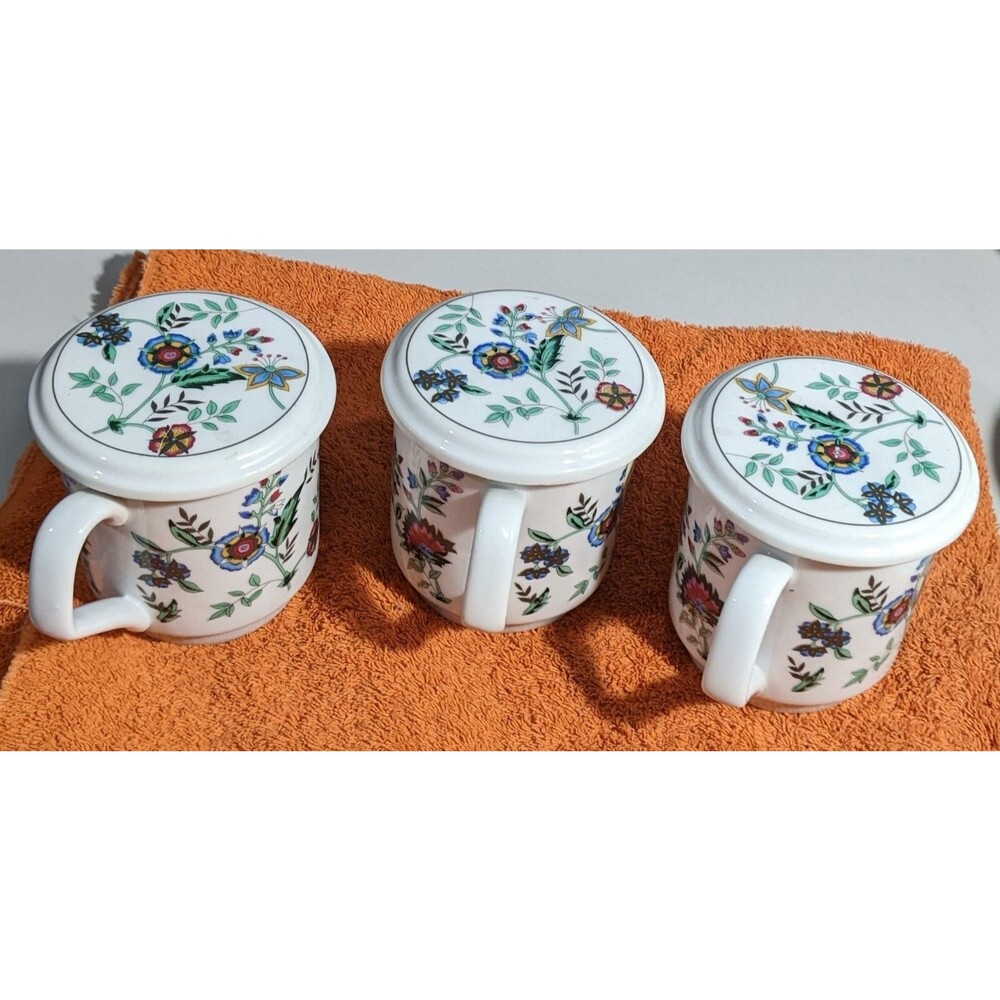 PMC Floral Print Tea Cups Coffee Mugs w/ Coaster Lids - Lot of 3